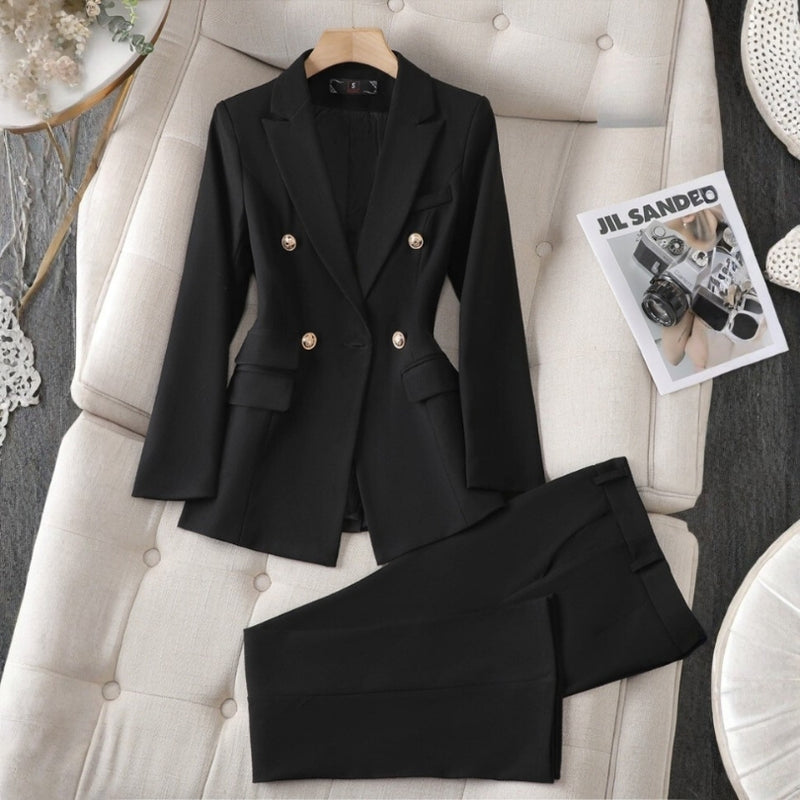 Completo Donna 2 Pezzi con Blazer e Tasche | Blazer con Chiusura a Bottoni + Pantaloni Slim Fit | Taglie S–4XL | Blu, Nero o Bianco