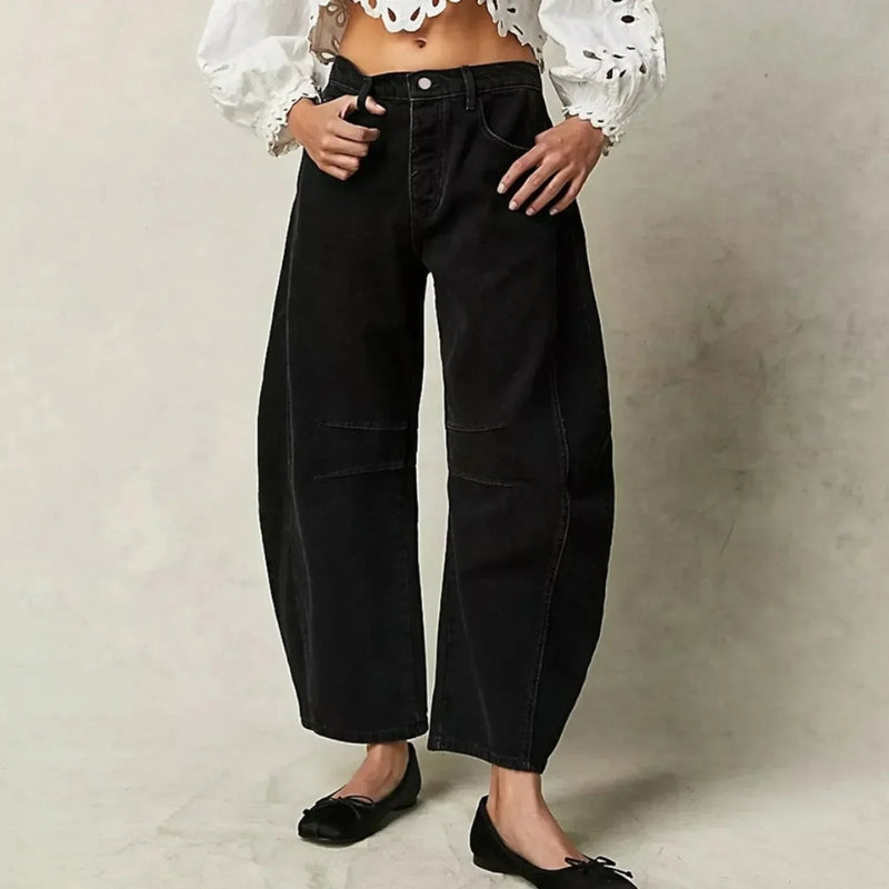 Pantaloni in denim a gamba larga alla caviglia con chiusura a zip
