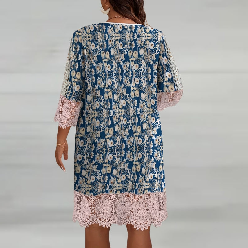 Vestito Midi Donna con Scollo a V e Motivo Stampato