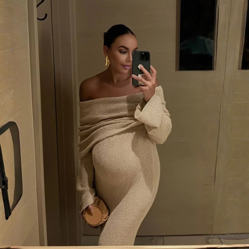 Women’s Maternity Maxi Dress with Off-Shoulder Neckline