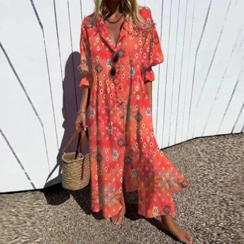 Robe ample à manches longues à fleurs pour femme