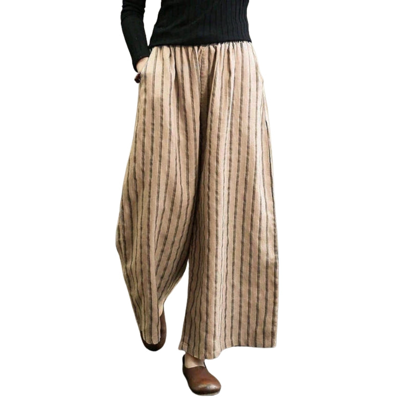 Raya – Pantaloni largi cu dungi, buzunare laterale și croială lejeră