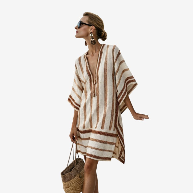 Women's Bohemian Print Midi Dress with V Neck