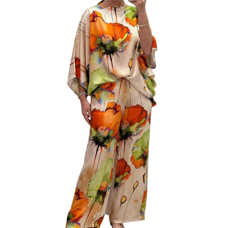 Alina – Casual Two-Piece Satin Set with Round Neck and Floral Print