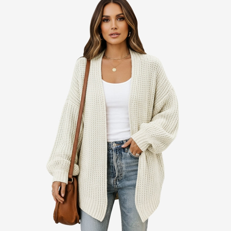 Haley – Long Sleeve Cardigan with Open Front and Ribbed Detail
