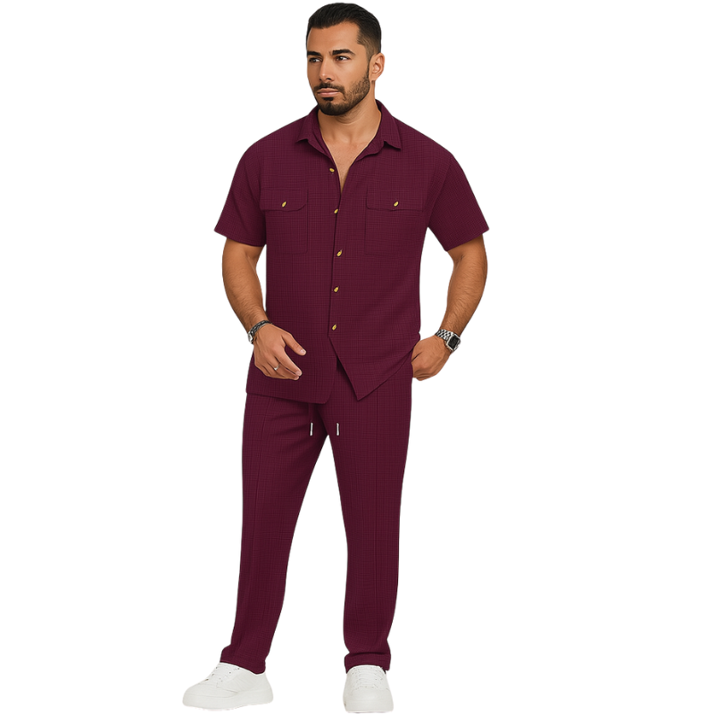 Harold – Short Sleeve Shirt 2-Piece Set with Pockets and Long Pants