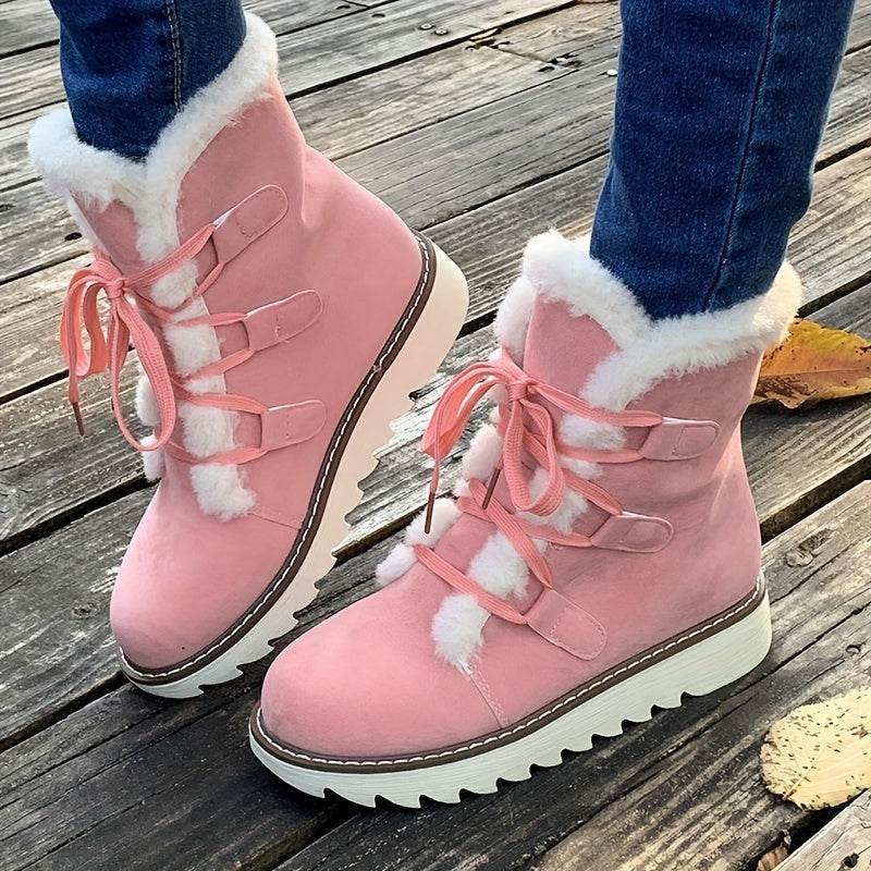 Aoibhe – Round Toe Ankle Boots with Fur Lining | Lace Up Adjustable Fit | Soft Cozy Lining for Warmth | Sizes 36–41 | Pink, Khaki, Dark Brown, Brown, Black