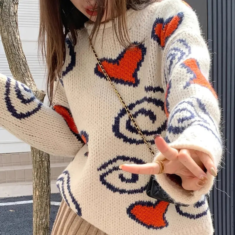 Amber – Pull oversize à manches longues col rond avec motif cœur