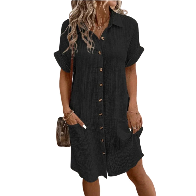Clara – Knee-Length Shirt Dress with Short Sleeves and Pockets