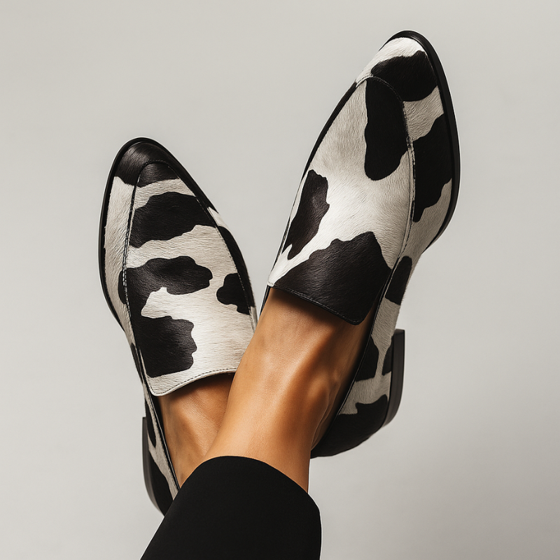 Hazel – Pointed Low Heel Shoes with Cow Print
