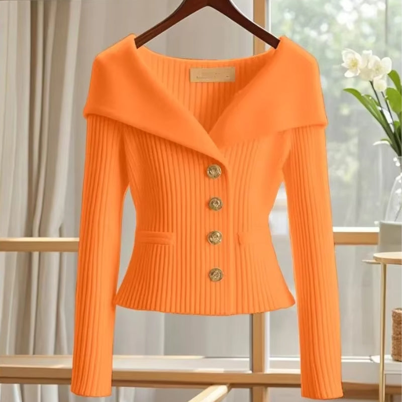 Women’s Off-Shoulder Button-Front Knit Sweater with Pockets