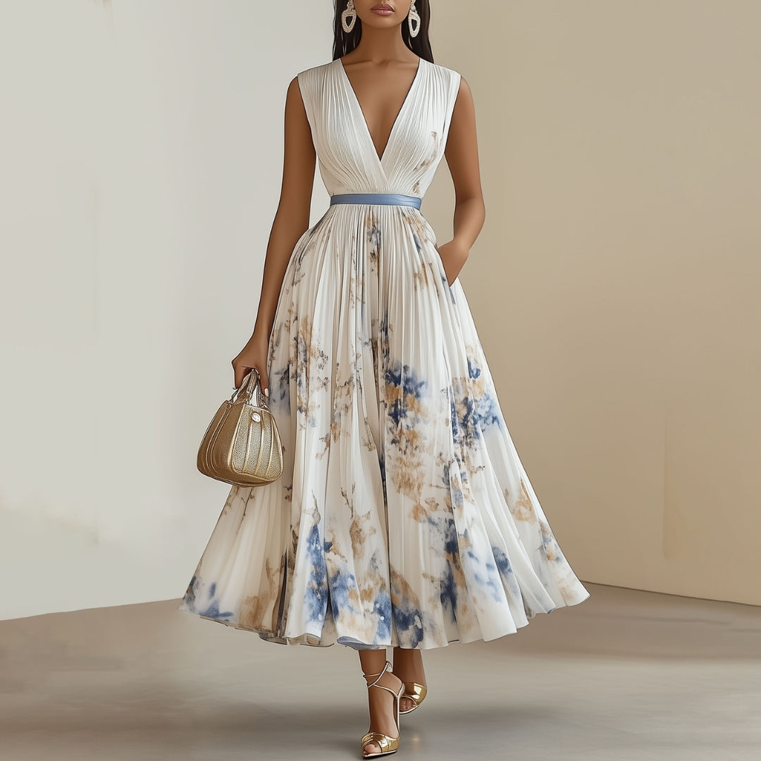 Jennifer - Vestito maxi floreale senza maniche con scollo profondo a V e vita regolabile