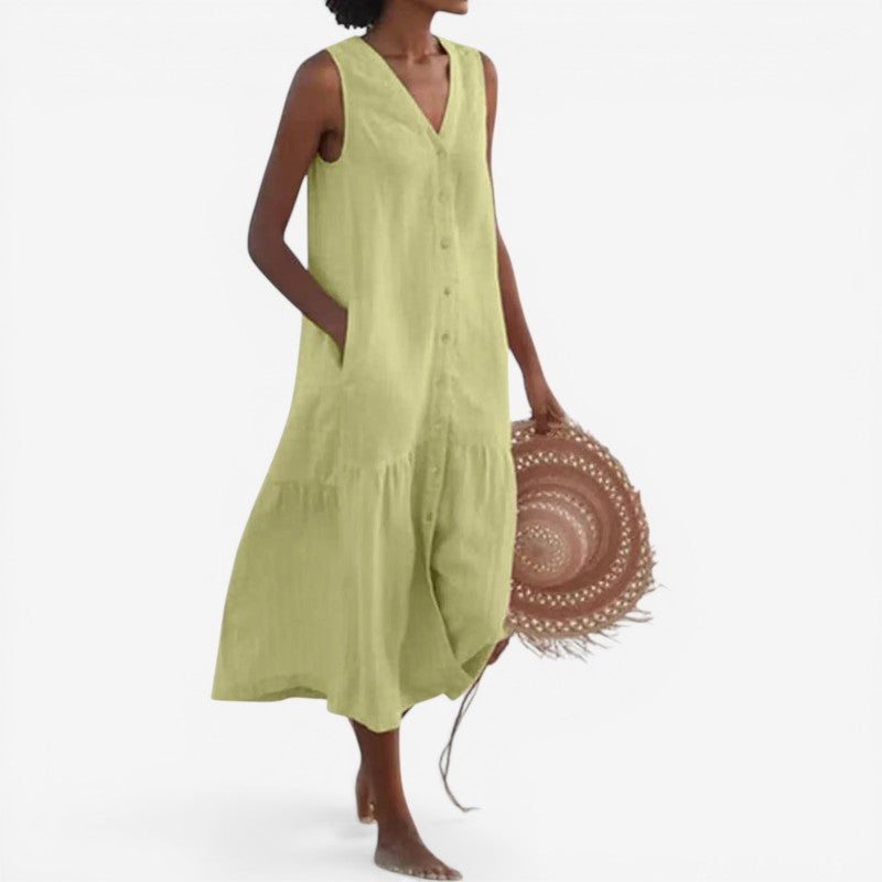 Robe mini sans manches à col en V avec boutons sur le devant et poches pour femme