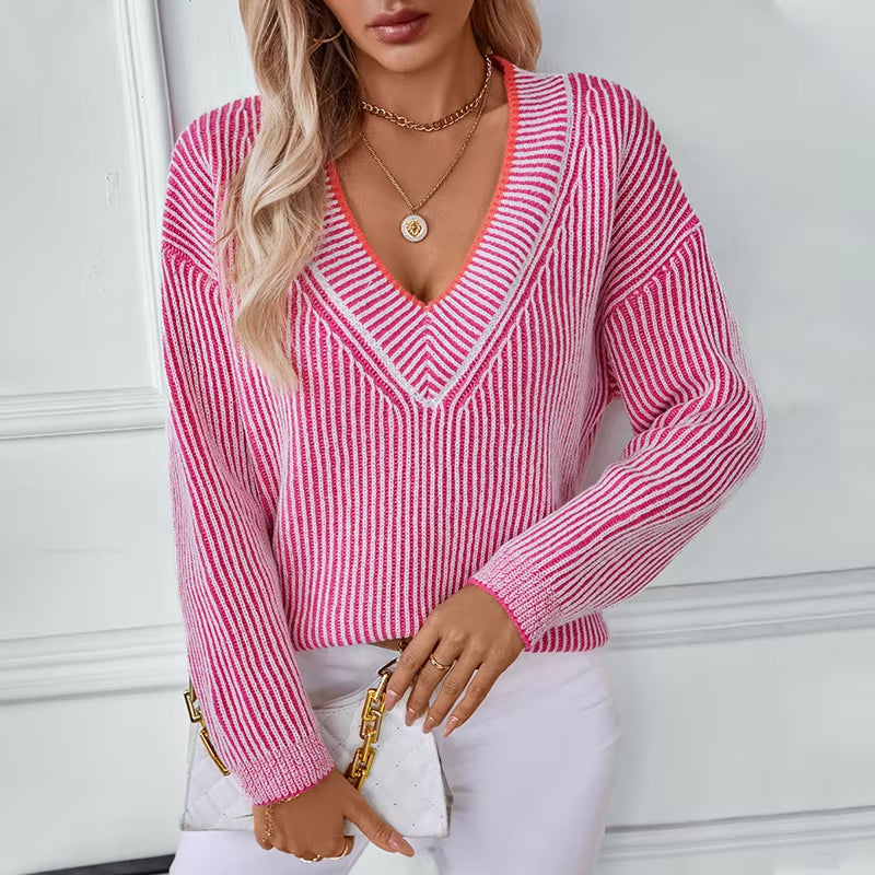 Rosie – Sweter w paski z długim rękawem i dekoltem w serek