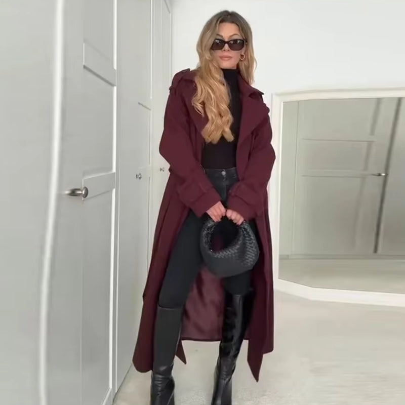 Lisa – Long Sleeve Coat with Belted Waist and Button Detail