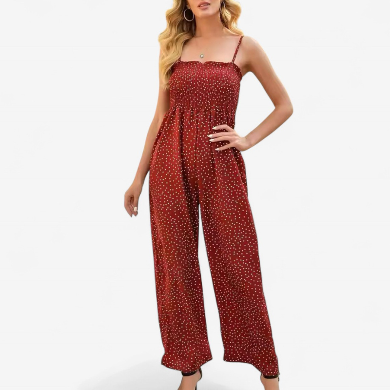 Clara – Strapless Jumpsuit with Polka Dots and Wide Legs