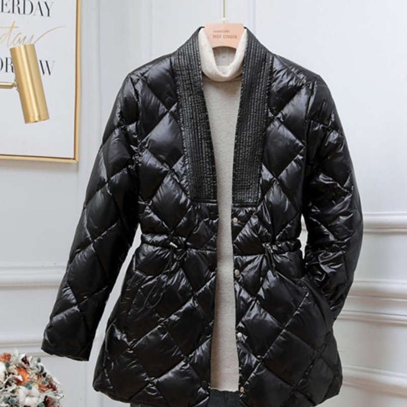 Inyaran – Long Sleeve Quilted Jacket with V Neck | Button Closure with Drawstring Waist | Side Pockets for Everyday Wear | Sizes S–3XL | White, Black, Khaki
