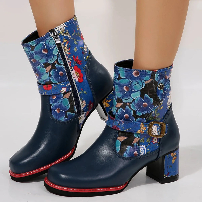 Salyra - Women's Salyra Ankle Boots | Round Toe, Floral Print, PU | Side Zip & Buckle Closure | 36–43