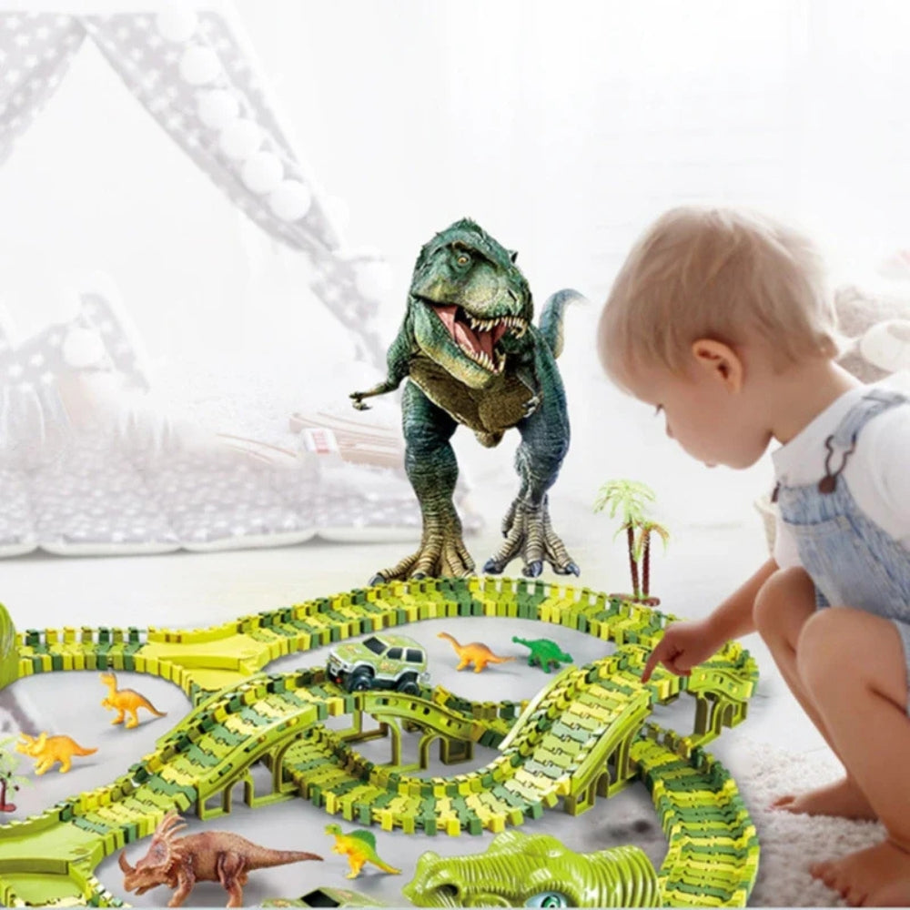 DinoRail - Circuit de train dinosaure avec blocs de voie clipsables et design d'aventure préhistorique