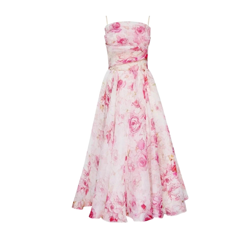 Luna - Rochie midi fără mâneci cu imprimeu floral și bretele spaghetti