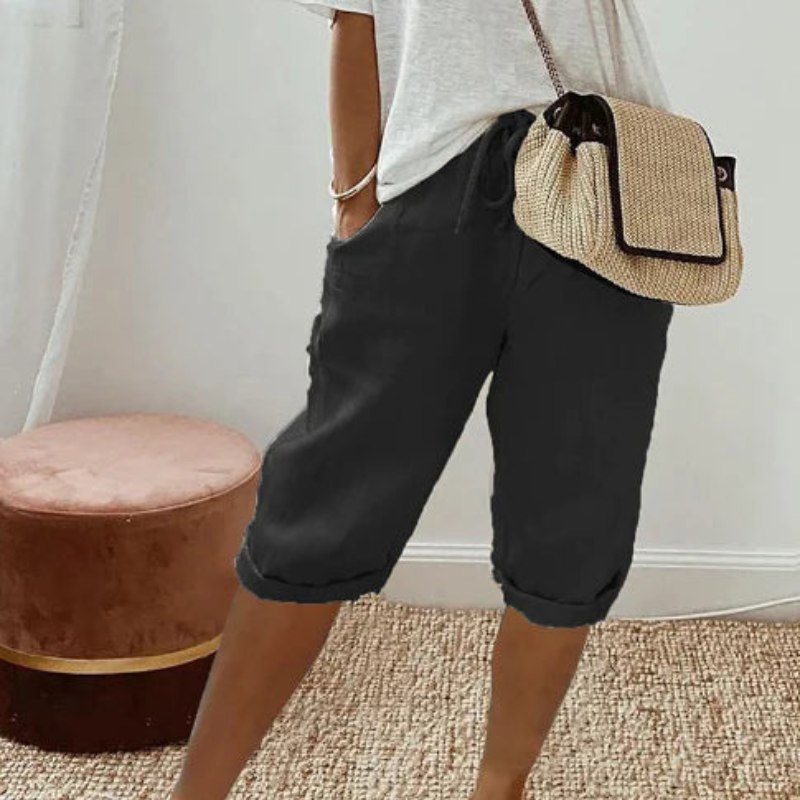 Pantaloni Capri pentru femei cu talie cu șnur ajustabil