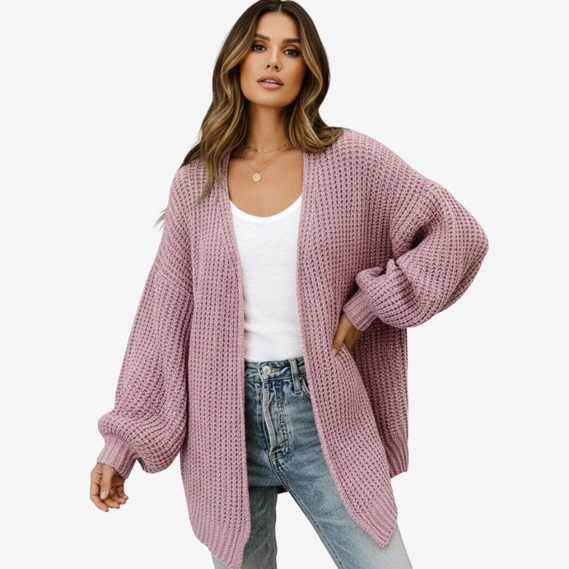 Haley – Long Sleeve Cardigan with Open Front and Ribbed Detail