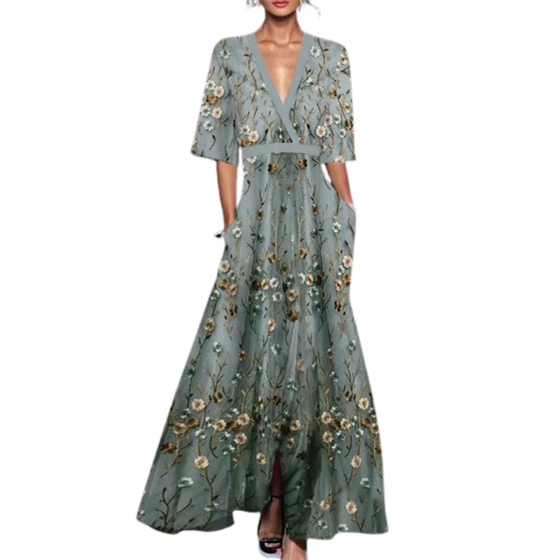 Elara – Robe maxi à imprimé floral et manches courtes
