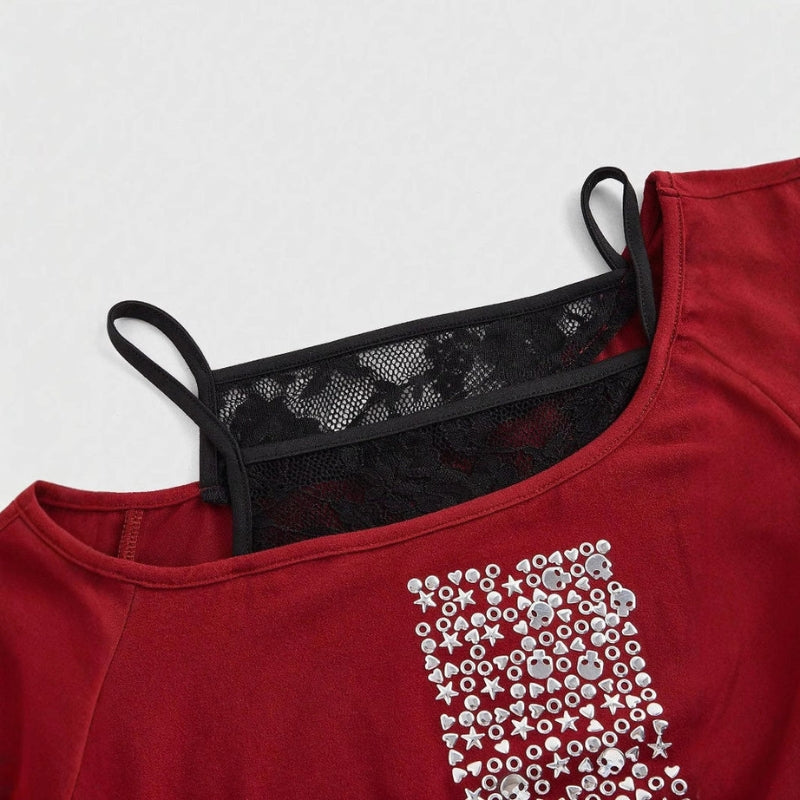 Elena - Asymmetrical Top with Long Sleeves and Shiny Cross Design