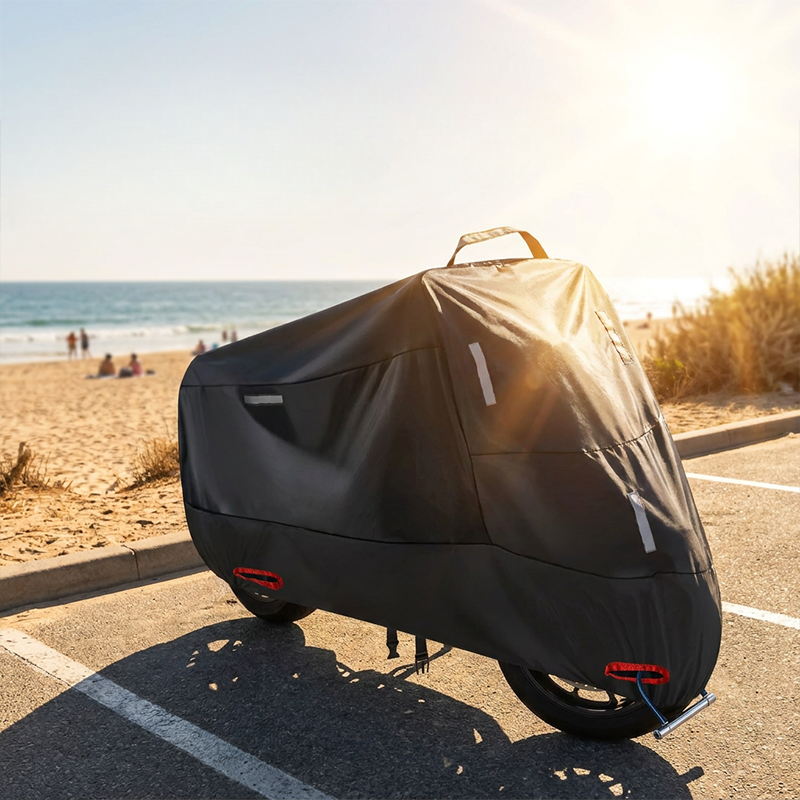 MotoShield - Funda para motocicleta con tiras reflectantes y aberturas reforzadas para candado
