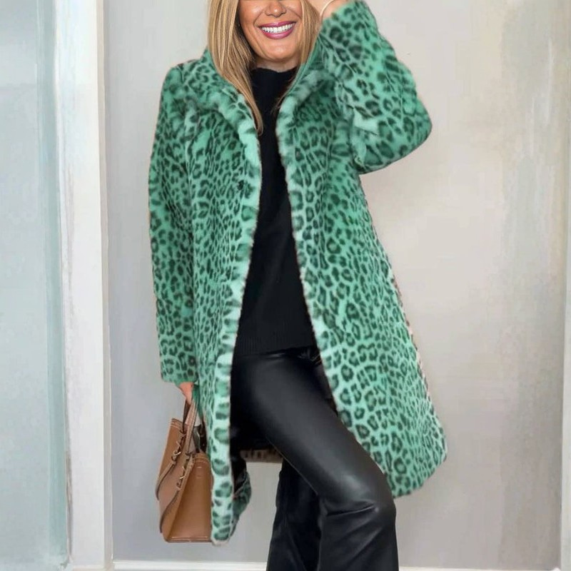 Mckenna - Long Sleeve Coat with Leopard Print