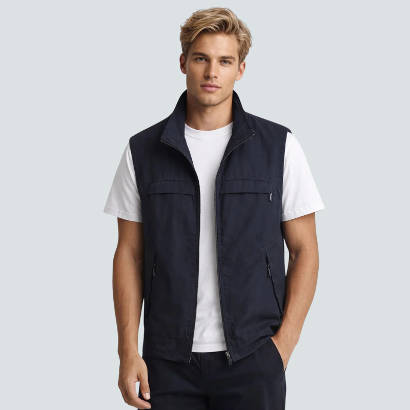 Men’s Utility Vest with Stand Collar and Zip Front
