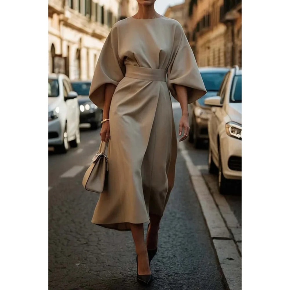 Alira - Elegantné midi šaty s lampášovými rukávmi a pásom v páse