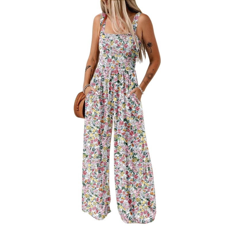 Lily – Modern jumpsuit with square neckline and floral print
