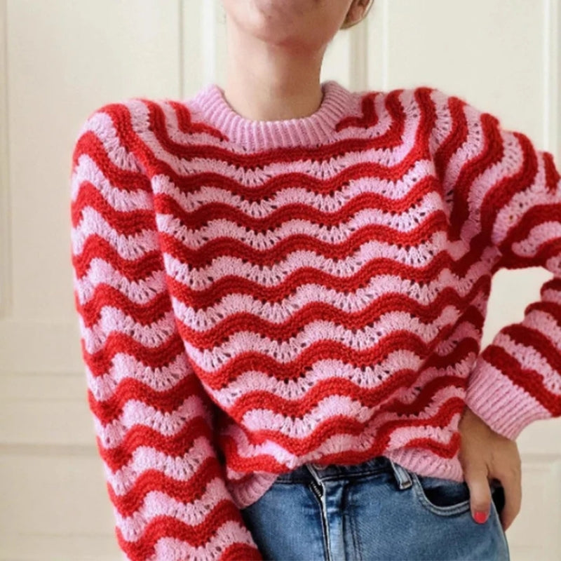 Zafira – Maglione con maniche lunghe, motivo ondulato e scollo rotondo