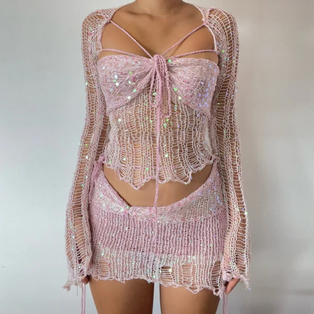Clarissa – Set elegant de fustă și top scurt cu mâneci lungi