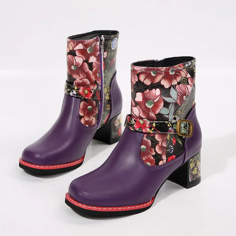 Salyra - Women's Salyra Ankle Boots | Round Toe, Floral Print, PU | Side Zip & Buckle Closure | 36–43