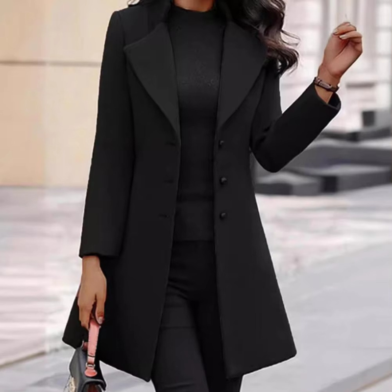 Arivelle - Long Sleeve Mid-Length Coat with Button Closure