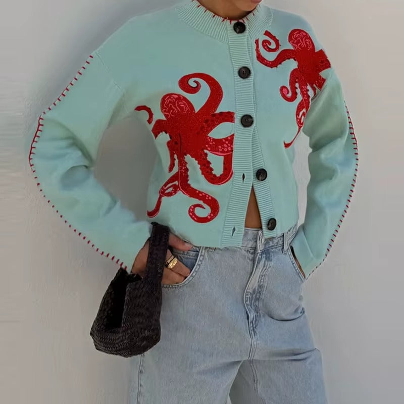 Lina - Long Sleeve Round Neck Cardigan with Button Closure