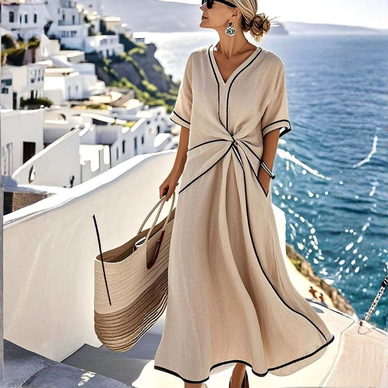Women's V Neck Maxi Dress with Twist Front