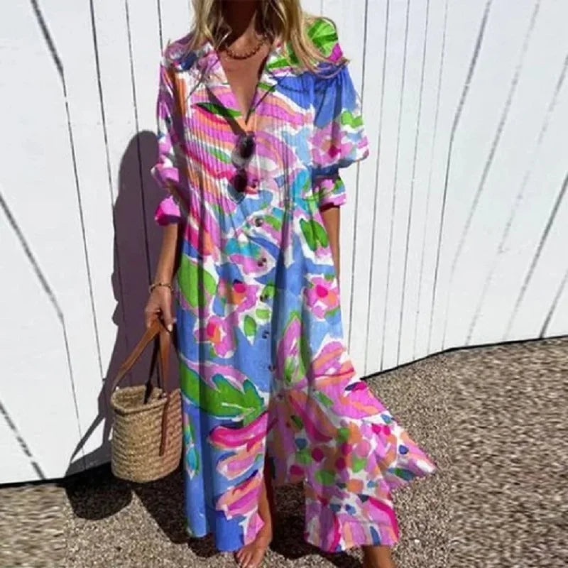 Robe ample à manches longues à fleurs pour femme