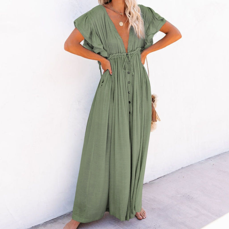 Women’s V-Neck Button-Front Maxi Dress