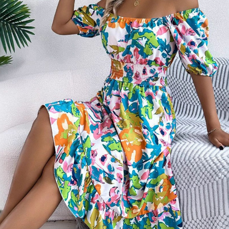 Abito midi donna con stampa floreale e spalle scoperte