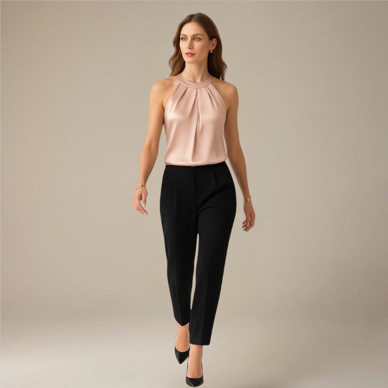 Blouse sans manches plissée drapée pour femme avec col rond