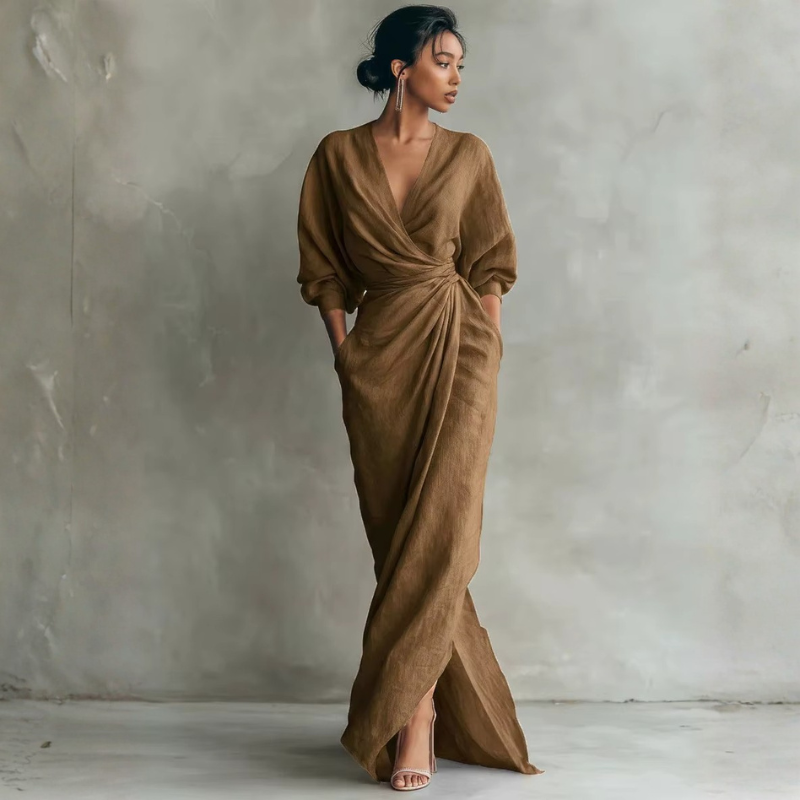 Robe longue pour femme à col en V avec taille drapée