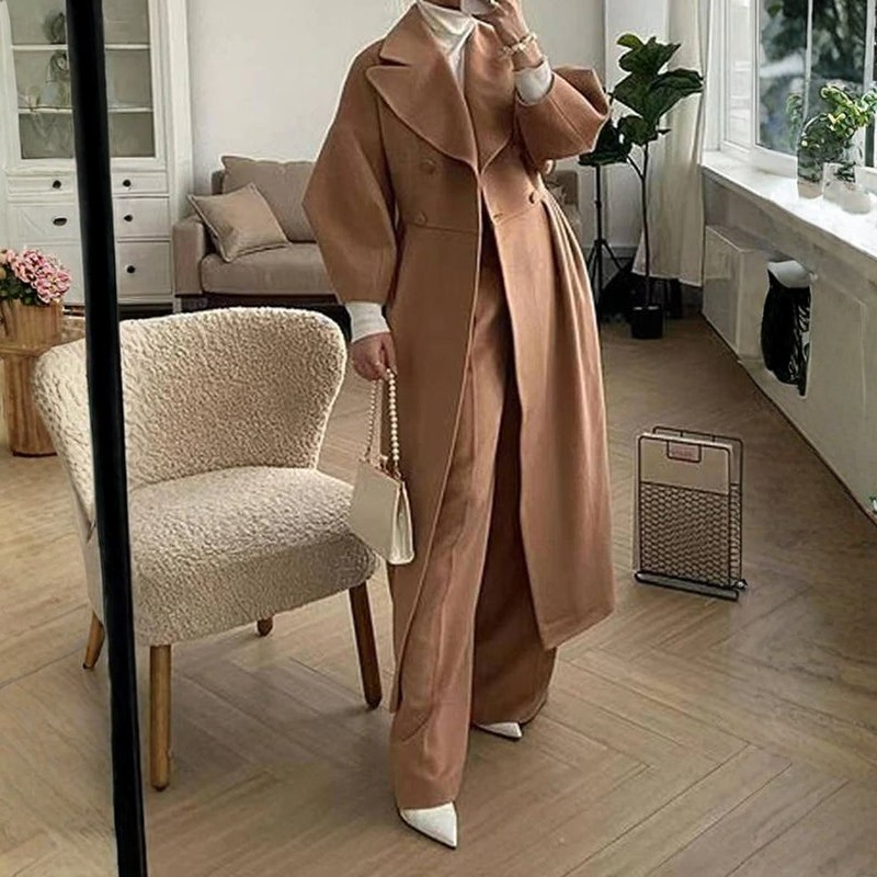 Elena - Long Sleeve Long Coat with Lapel Collar