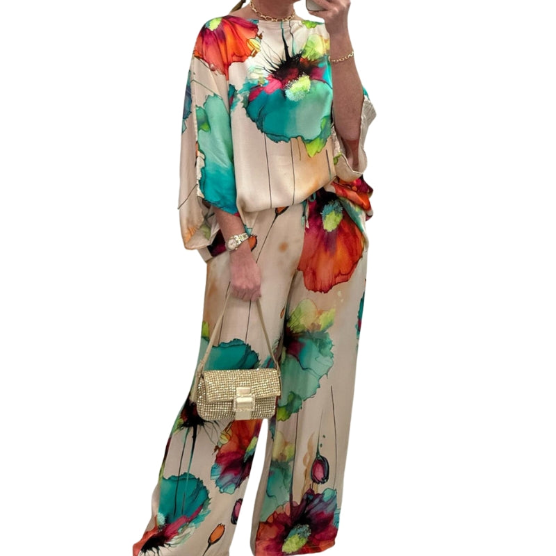 Alina – Casual Two-Piece Satin Set with Round Neck and Floral Print
