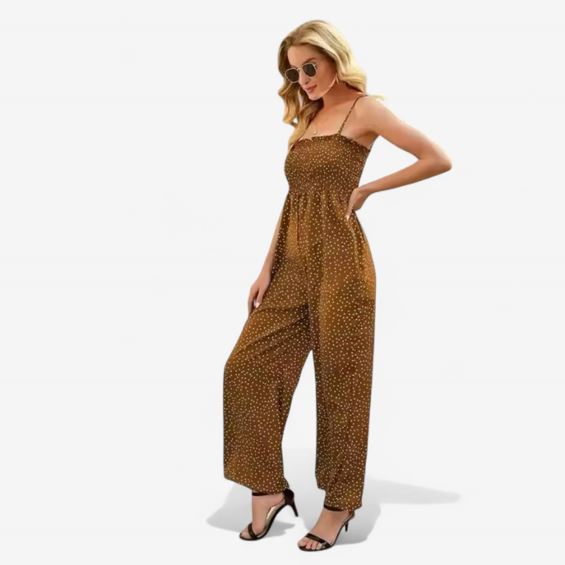 Clara – Strapless Jumpsuit with Polka Dots and Wide Legs