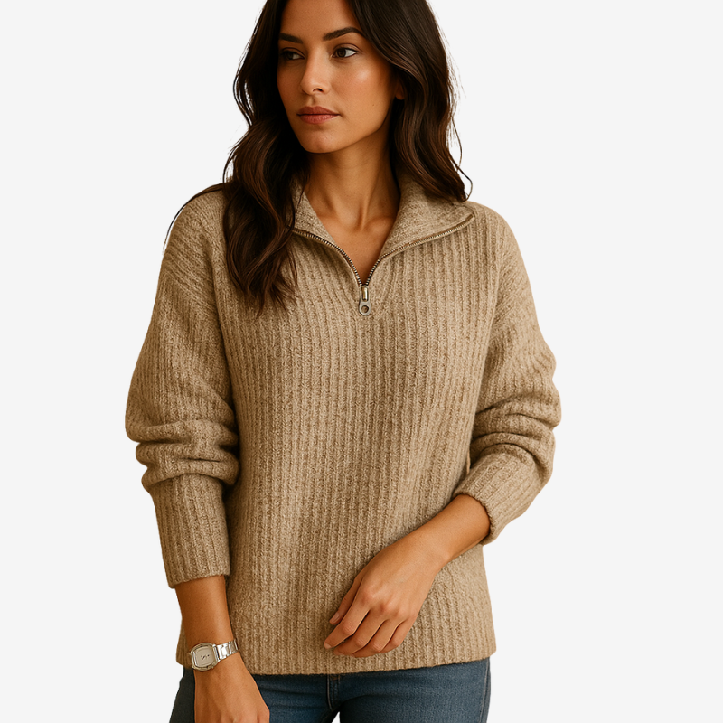 Zyvenna – Pulover cu mâneci lungi și închidere cu fermoar pe jumătate | Design în dungi pentru detaliu vizual | Purtare casual zilnică | Mărimi XS–XL | Kaki, Gri, Gri deschis, Albastru, Negru