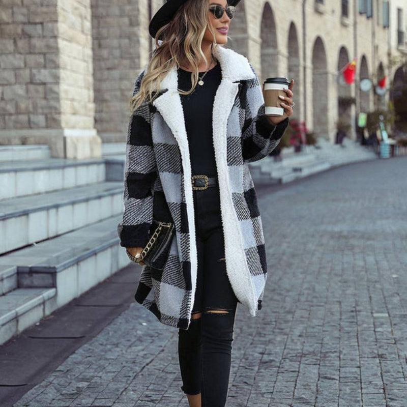 Jasmine – Long Sleeve Mid-Length Coat with Plaid Design