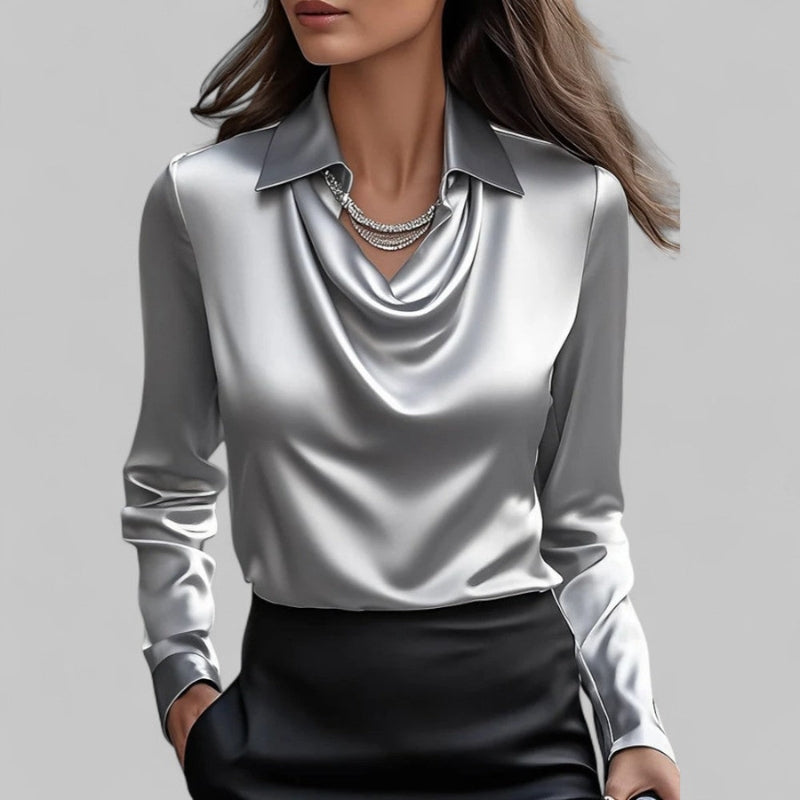 Womens Draped-Collar Long Sleeve Blouse